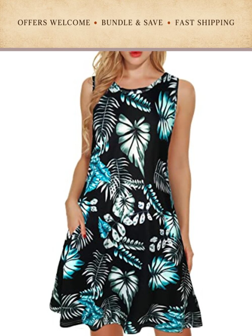 Women's Casual Loose Cotton Sun Dress with Pockets Sleeveless Floral Mini